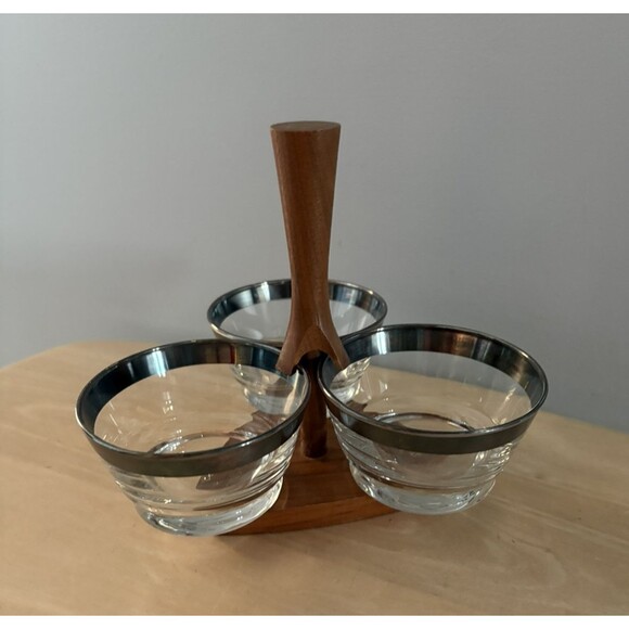 Vintage Libbey 3 Piece Glass Bowl Condiment Set w/ Wood Caddy MCM Mid Century 50 - Picture 1 of 15
